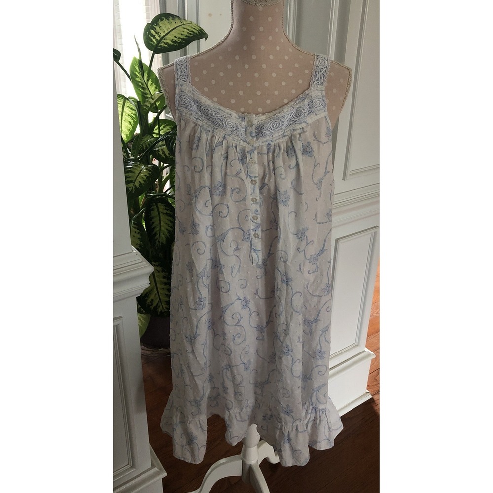 Eileen West White Pink Floral Cotton Sleeveless Nightgown Womens Large